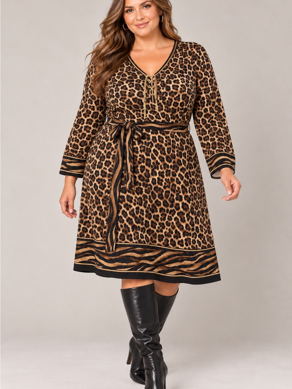 MICHAEL Michael Kors Leopard Print V-Neck Midi Dress - Brown/Black